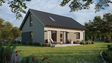 ERDOL 1 XL - Version Rechts (Wohnzimmer auf der rechten Seite) - Satteldach mit Dachgeschoss -Dachneigung 35 Grad - Treppe in Treppenhaus - Dachfenster für Zimmer und Badezimmer - Bodentiefe Fenster im Dachgeschoss - Styropor, Netz, Kleber - Nusbaum - Ohne