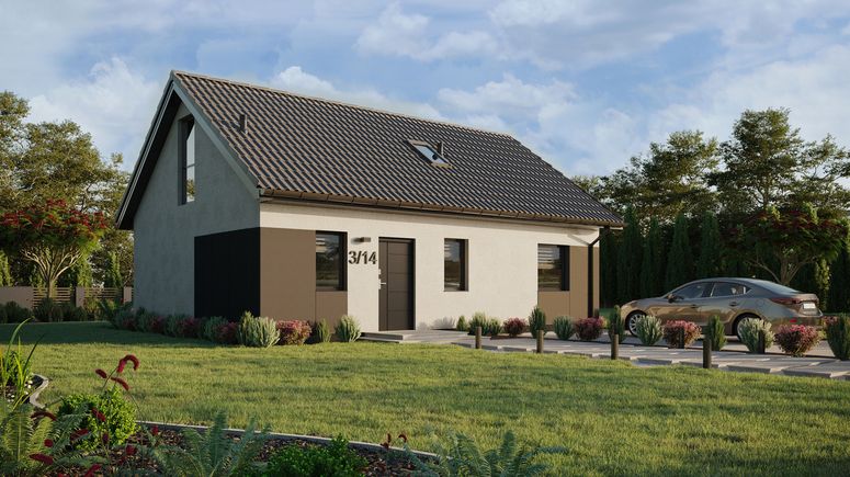 ERDOL 1 XL - Version Rechts (Wohnzimmer auf der rechten Seite) - Satteldach mit Dachgeschoss -Dachneigung 35 Grad - Treppe im Wohnzimmer - Dachfenster für Zimmer und Badezimmer - Balkontür im Esszimmer und Bodentiefe Fenster im Dachgeschoss - Styropor, Netz, Kleber - Anthrazit - Ohne