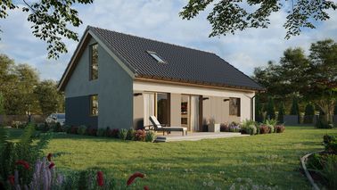 ERDOL 1 XL - Version Rechts (Wohnzimmer auf der rechten Seite) - Satteldach mit Dachgeschoss -Dachneigung 35 Grad - Treppe in Treppenhaus - Dachfenster für Zimmer und Badezimmer - Bodentiefe Fenster im Dachgeschoss - Styropor, Netz, Kleber - Winchester - Ohne