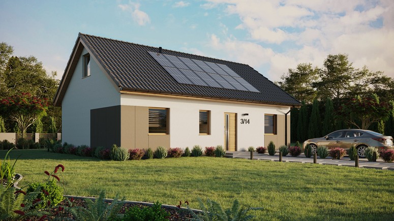 ERDOL 3 - Version Rechts (Wohnzimmer auf der rechten Seite) - Satteldach mit Dachgeschoss -Dachneigung 35 Grad - Keine Dachfenster - Standard - Styropor, Netz, Kleber - Winchester - Photovoltaik-Installation 4,8 kWp (12 Paneele)