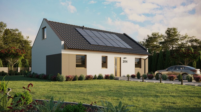 ERDOL 3 - Version Rechts (Wohnzimmer auf der rechten Seite) - Modernes Satteldach mit Dachgeschoss -Dachneigung 35 Grad - Keine Dachfenster - Standard - Styropor, Netz, Kleber - Winchester - Photovoltaik-Installation 4,8 kWp (12 Paneele)