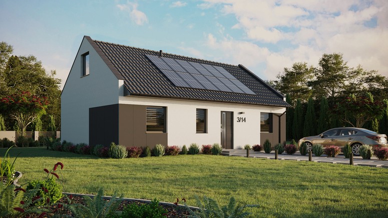 ERDOL 3 - Version Rechts (Wohnzimmer auf der rechten Seite) - Modernes Satteldach mit Dachgeschoss -Dachneigung 35 Grad - Keine Dachfenster - Standard - Styropor, Netz, Kleber - Anthrazit - Photovoltaik-Installation 4,8 kWp (12 Paneele)