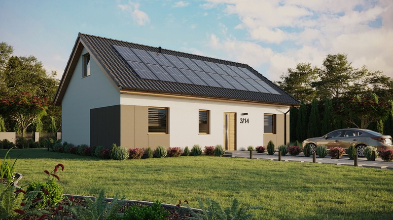 ERDOL 3 - Version Rechts (Wohnzimmer auf der rechten Seite) - Satteldach mit Dachgeschoss -Dachneigung 35 Grad - Keine Dachfenster - Standard - Styropor, Netz, Kleber - Winchester - Photovoltaik-Installation 8 kWp (20 Paneele)