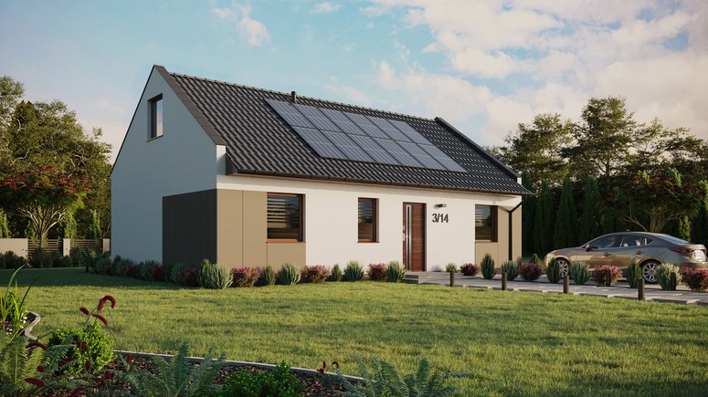 ERDOL 3 - Version Rechts (Wohnzimmer auf der rechten Seite) - Modernes Satteldach mit Dachgeschoss -Dachneigung 35 Grad - Keine Dachfenster - Standard - Styropor, Netz, Kleber - Nusbaum - Photovoltaik-Installation 4,8 kWp (12 Paneele)