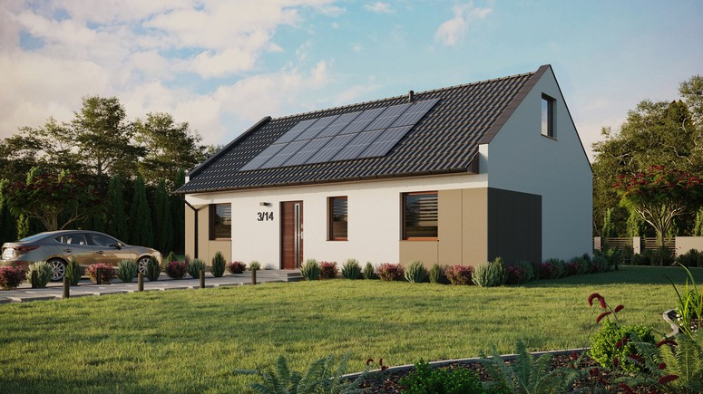 ERDOL 3 - Version Links (Wohnzimmer auf der linken Seite) - Modernes Satteldach mit Dachgeschoss -Dachneigung 35 Grad - Keine Dachfenster - Standard - Styropor, Netz, Kleber - Nusbaum - Photovoltaik-Installation 4,8 kWp (12 Paneele)