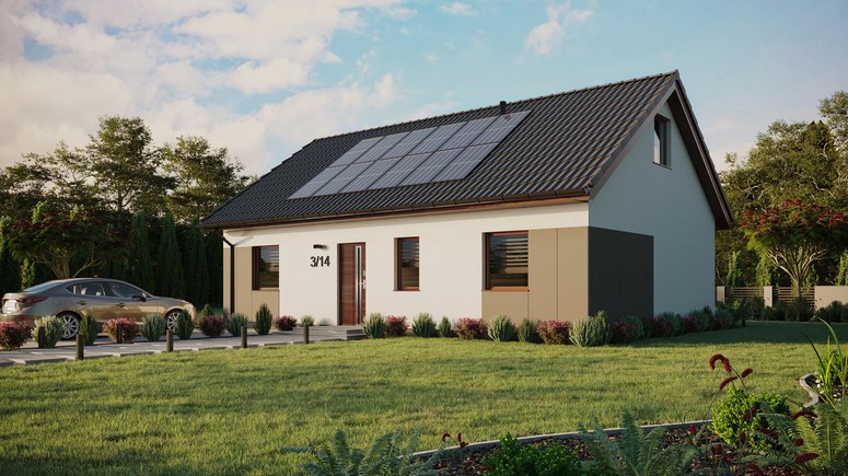 ERDOL 3 - Version Links (Wohnzimmer auf der linken Seite) - Satteldach mit Dachgeschoss -Dachneigung 35 Grad - Keine Dachfenster - Standard - Styropor, Netz, Kleber - Nusbaum - Photovoltaik-Installation 4,8 kWp (12 Paneele)