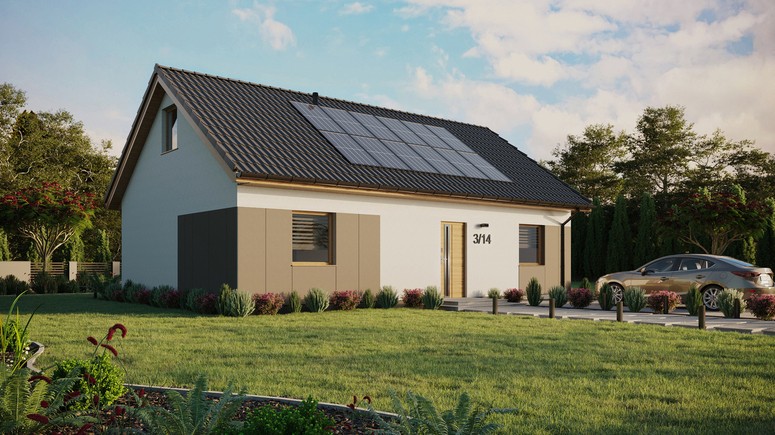 ERDOL 2 XL - Version Rechts (Wohnzimmer auf der rechten Seite) - Satteldach mit Dachgeschoss -Dachneigung 35 Grad - Keine Dachfenster - Standard - Styropor, Netz, Kleber - Winchester - Photovoltaik-Installation 4,8 kWp (12 Paneele)