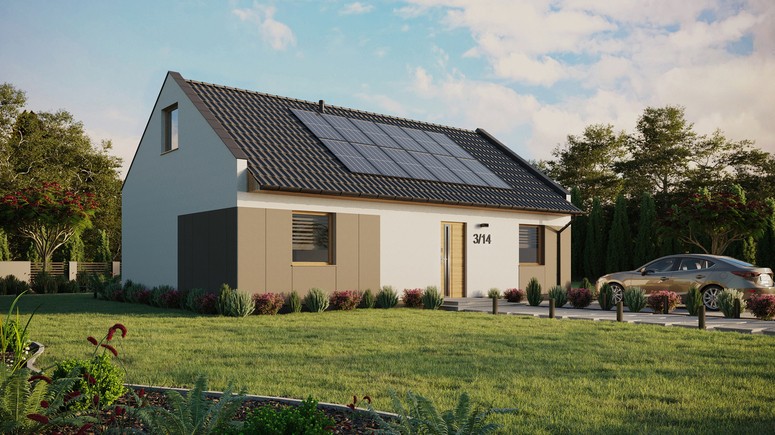 ERDOL 2 XL - Version Rechts (Wohnzimmer auf der rechten Seite) - Modernes Satteldach mit Dachgeschoss -Dachneigung 35 Grad - Keine Dachfenster - Standard - Styropor, Netz, Kleber - Winchester - Photovoltaik-Installation 4,8 kWp (12 Paneele)