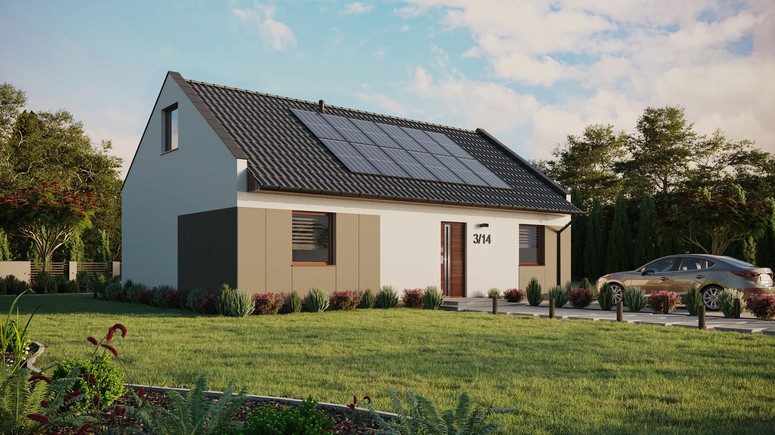 ERDOL 2 XL - Version Rechts (Wohnzimmer auf der rechten Seite) - Modernes Satteldach mit Dachgeschoss -Dachneigung 35 Grad - Keine Dachfenster - Standard - Styropor, Netz, Kleber - Nusbaum - Photovoltaik-Installation 4,8 kWp (12 Paneele)