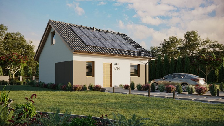 ERDOL 1 - Version Rechts (Wohnzimmer auf der rechten Seite) - Satteldach mit Dachgeschoss -Dachneigung 35 Grad - keine Dachfenster - Standard - Styropor, Netz, Kleber - Winchester - Photovoltaik-Installation 4,8 kWp (12 Paneele)